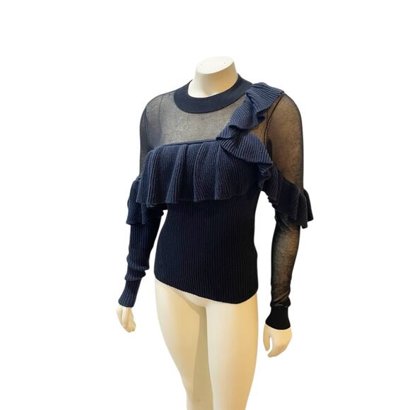 Self-Portrait Asymmetric Frill Long-Sleeve Wool Sweater Blue Women's Medium - Picture 8 of 11